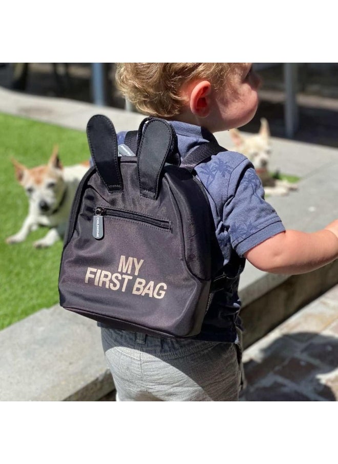 CHILDHOME Childhome, Baby Backpack, School, Kindergarten, Nursery, Two Compartments, Lunchbag/Bottle Capacity, Removable Safety Buckle, Waterproof, My First Bag, Black And Gold  - Image 4