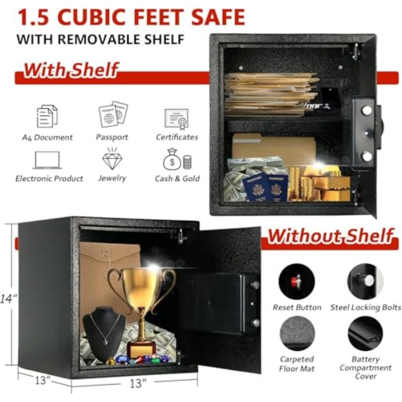 Money Safe Box for Home with Sensor Light and Fireproof Money Bag - 1.5 Cubic Feet Security Safe Box with Digital Keypad, Keys and Pass Code Lock Black - Image 4
