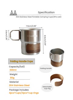 Generic 4Pcs 304 Stainless Steel 300ml Portable Camping Cups, Pint Cup Metal Coffee Mug Outdoor Camping Mug,Food Grade Stainless Steel,Lightweight and Portable,Corrosion-resistant, Safe and Non-toxic, Durable, Folding Handle design easy to hold, Anti-scald, Camping Accessories used as Outdoor Camping, Travel Adventure, Mountain Climbing, Hiking, Picnic Fishing, Home daily, Office Rest, Café rest, Holiday Gifts, Desert off-road, Camping Party  - Image 2