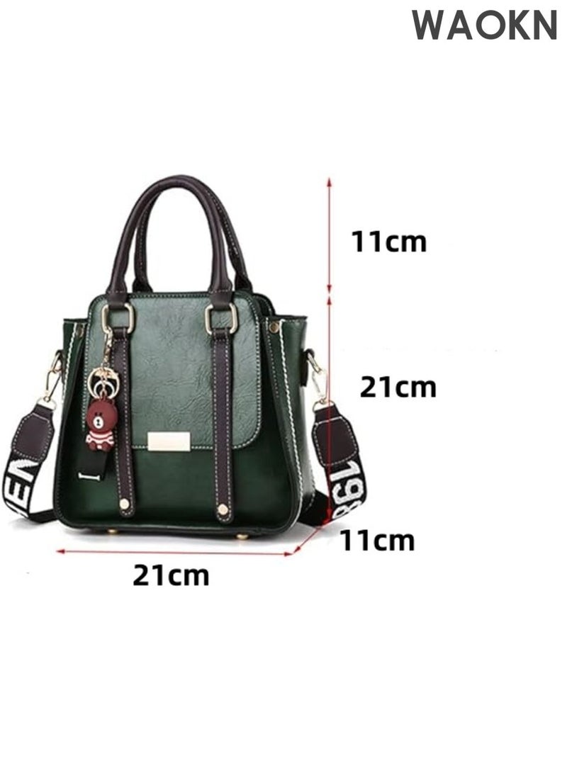 WAOKN Women’s Leather Handbag Top Handle Satchel Purse, Retro Crossbody Bag with Adjustable Strap, Tote Shoulder Bag for Work, Travel, and Everyday Use , Fashion Handbag for Ladies,Cute little bear pendant,unisex,green. - Image 3