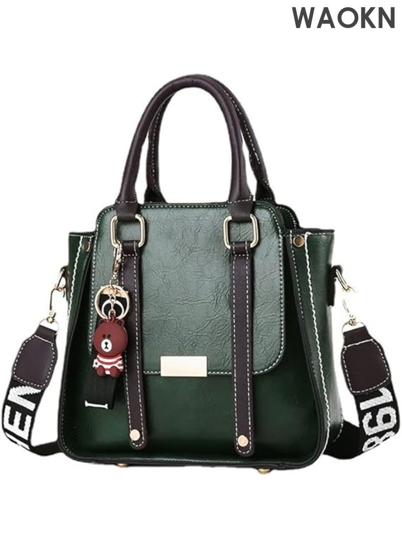 WAOKN Women’s Leather Handbag Top Handle Satchel Purse, Retro Crossbody Bag with Adjustable Strap, Tote Shoulder Bag for Work, Travel, and Everyday Use , Fashion Handbag for Ladies,Cute little bear pendant,unisex,green. - Image 1