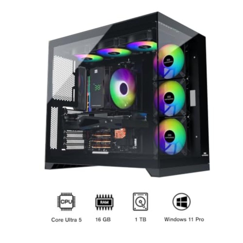 كمبيوتر مكتبي للألعاب 5070، Intel Core Ultra 5، ووحدة معالجة رسومات RTX 5070 12G، وذاكرة وصول عشوائي DDR5 سعة 16 جيجابايت، ومحرك أقراص SSD سعة 1 تيرابايت، ولوحة أم B860، وحقيبة مكعبة، ومبرد هواء رقمي ARGB، ووحدة PSU ذهبية بقدرة 750 وات، ونظام تشغيل Windows PRO باللون الأسود - Image 2