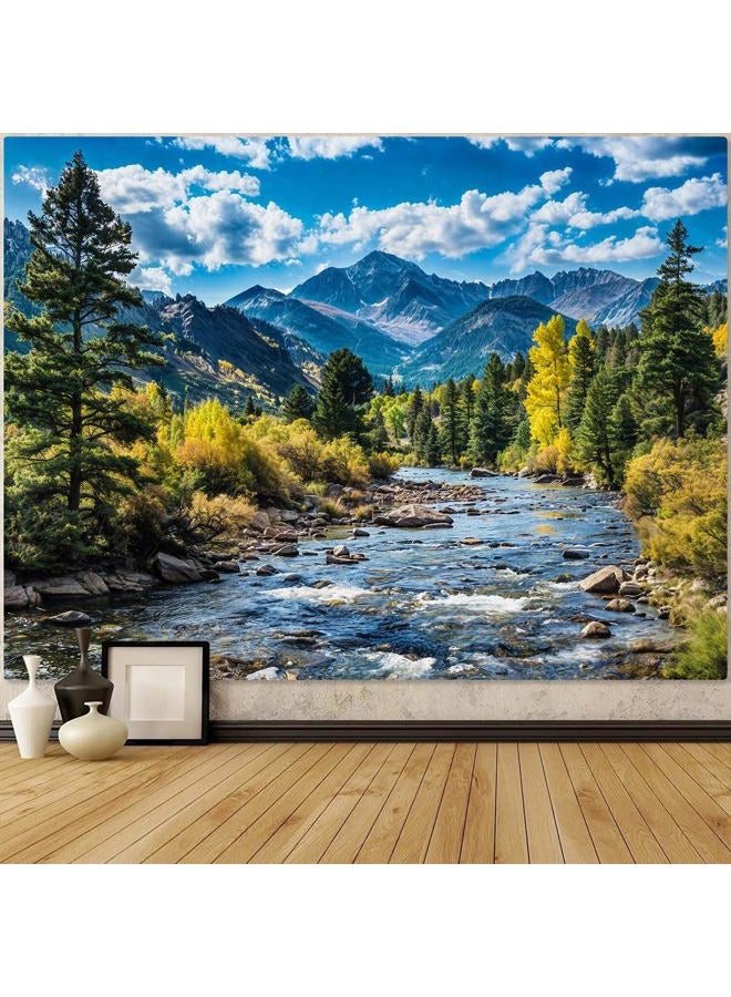AMM Nature Forest Mountain Tapestry Green Pine Tree Tapestry for Bedroom Aesthetic White Clouds Flowing River Landscape Classroom Tapestries Wall Hanging for Living Room Dorm Office - Image 1