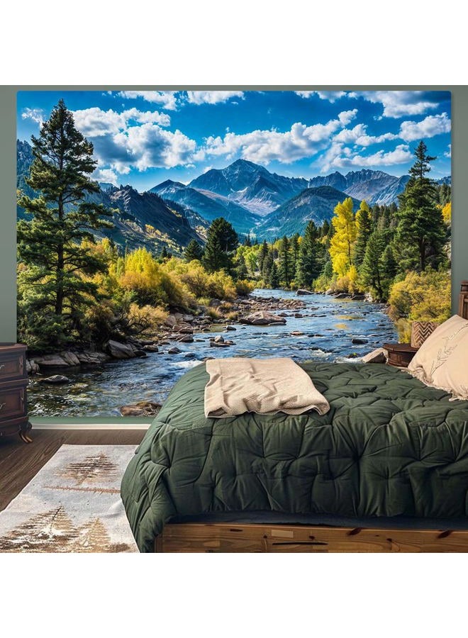 AMM Nature Forest Mountain Tapestry Green Pine Tree Tapestry for Bedroom Aesthetic White Clouds Flowing River Landscape Classroom Tapestries Wall Hanging for Living Room Dorm Office - Image 4