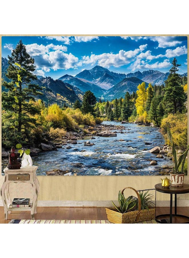 AMM Nature Forest Mountain Tapestry Green Pine Tree Tapestry for Bedroom Aesthetic White Clouds Flowing River Landscape Classroom Tapestries Wall Hanging for Living Room Dorm Office - Image 2