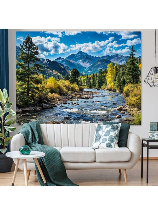 AMM Nature Forest Mountain Tapestry Green Pine Tree Tapestry for Bedroom Aesthetic White Clouds Flowing River Landscape Classroom Tapestries Wall Hanging for Living Room Dorm Office - Image 3