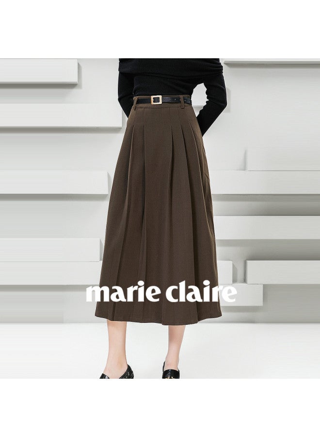 Marie Claire Pleated Midi Skirt Women's Spring And Autumn High-end Casual Slimming High-waist A-line Skirt - Image 2