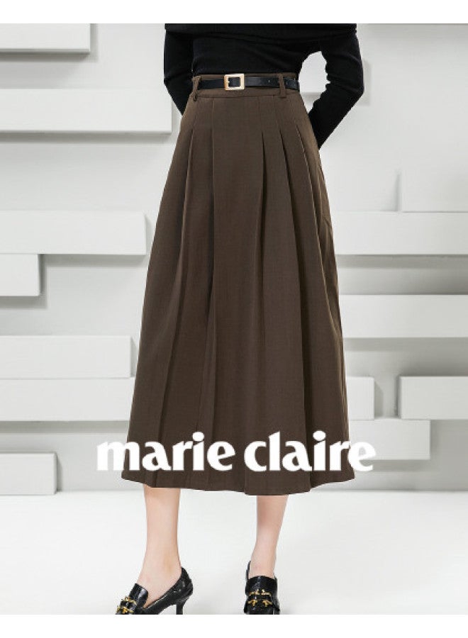 Marie Claire Pleated Midi Skirt Women's Spring And Autumn High-end Casual Slimming High-waist A-line Skirt - Image 1