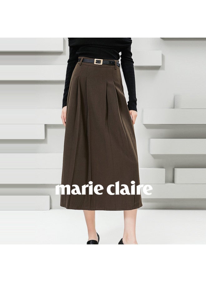 Marie Claire Pleated Midi Skirt Women's Spring And Autumn High-end Casual Slimming High-waist A-line Skirt - Image 3