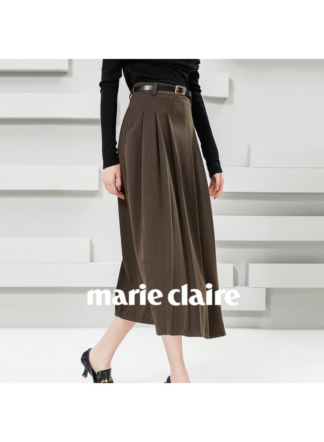 Marie Claire Pleated Midi Skirt Women's Spring And Autumn High-end Casual Slimming High-waist A-line Skirt - Image 4