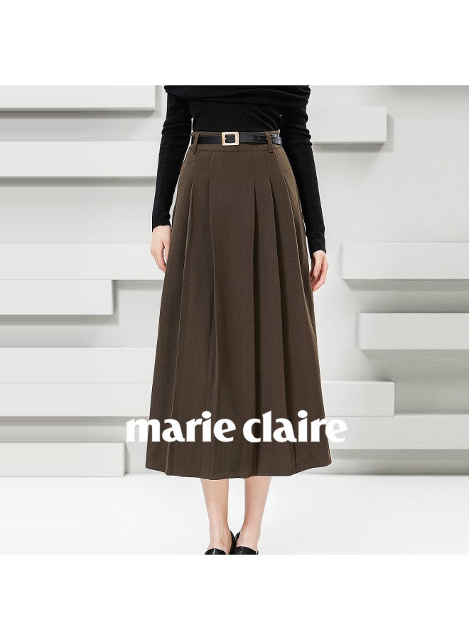 Marie Claire Pleated Midi Skirt Women's Spring And Autumn High-end Casual Slimming High-waist A-line Skirt - Image 5