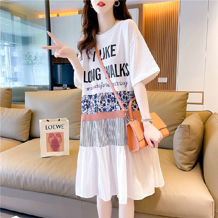 Summer pleated dress womens 2022 design color-inserted letter printed mid-length short sleeve plus size T-shirt dress White - Image 1