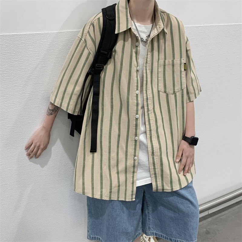 Short-sleeved Shirt Mens Japanese Style Retro Striped Jacket Summer Handsome Student Couples Half-sleeved Shirt Cardigan Khaki  - Image 1