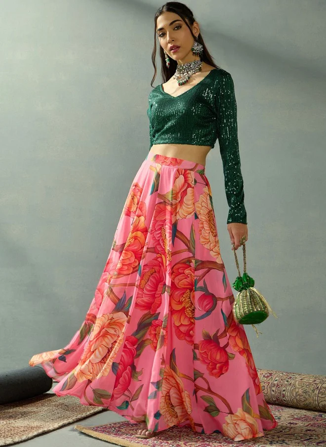 SASSAFRAS Embellished Green and Pink Lehenga for Women