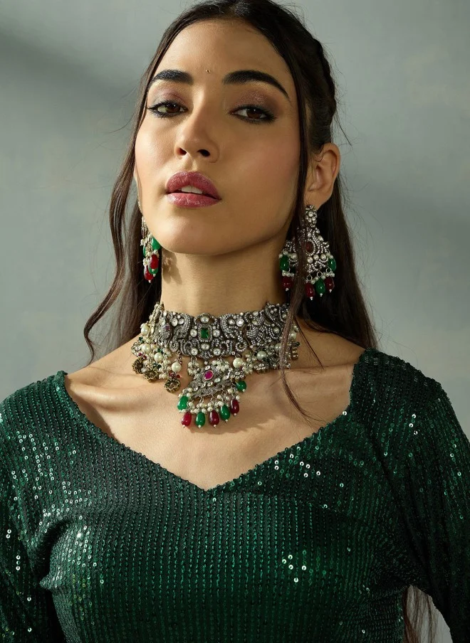 SASSAFRAS Embellished Green and Pink Lehenga for Women