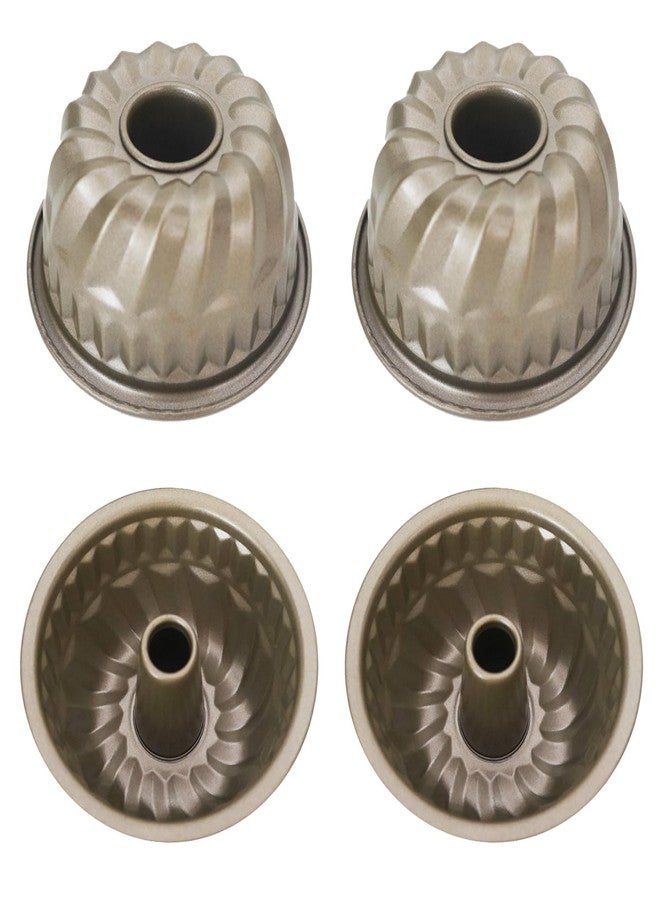 Proshopping 4 Inch Fluted Cake Pan, 4Pcs Mini Ring Cake Pan Set, Nonstick Fluted Tube Reusable Carbon Steel Small Baking Cup Mold for Kugelhopf - Round, Gold - Image 1