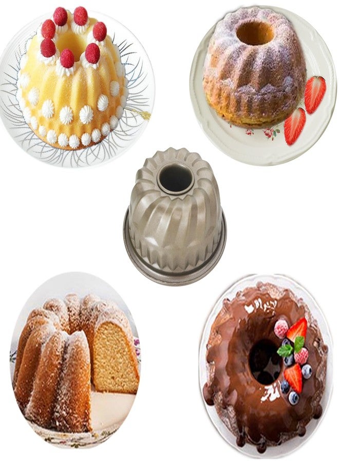 Proshopping 4 Inch Fluted Cake Pan, 4Pcs Mini Ring Cake Pan Set, Nonstick Fluted Tube Reusable Carbon Steel Small Baking Cup Mold for Kugelhopf - Round, Gold - Image 3