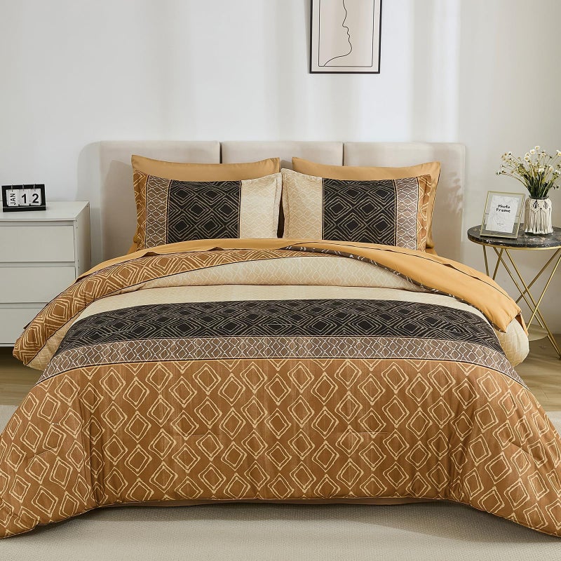 Dinjoy Boho Queen Comforter Set Brown,7 Piece Bed in a Bag Queen Size Warm Fall Bedding Sets Striped Comforters Bed Set with Sheets for Family All Season - Image 2