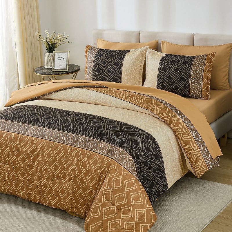 Dinjoy Boho Queen Comforter Set Brown,7 Piece Bed in a Bag Queen Size Warm Fall Bedding Sets Striped Comforters Bed Set with Sheets for Family All Season - Image 1
