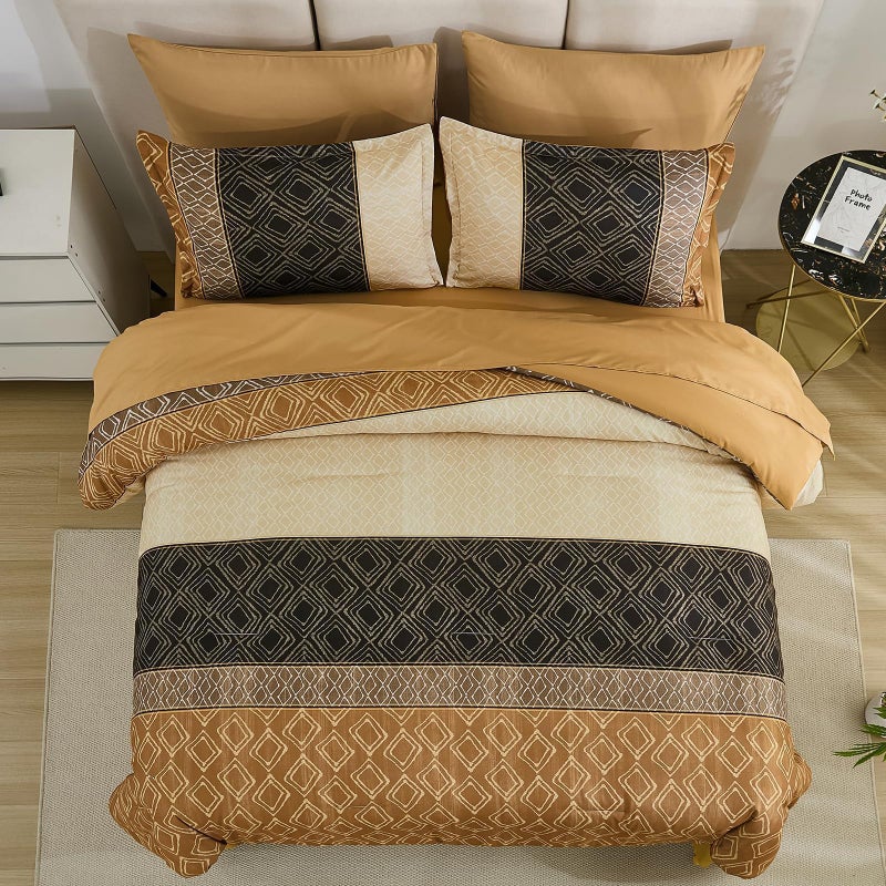 Dinjoy Boho Queen Comforter Set Brown,7 Piece Bed in a Bag Queen Size Warm Fall Bedding Sets Striped Comforters Bed Set with Sheets for Family All Season - Image 3