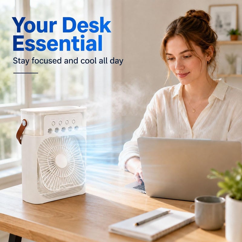 ECVV Portable Mini Fan Air Conditioner Evaporative Cooler with Humidifier, 350ml USB Personal Air Cooler Fan, 3 Speeds, 7 Color LED Night Light, Water Tank Cooling for Home, Office, Bedroom & Travel - Image 4