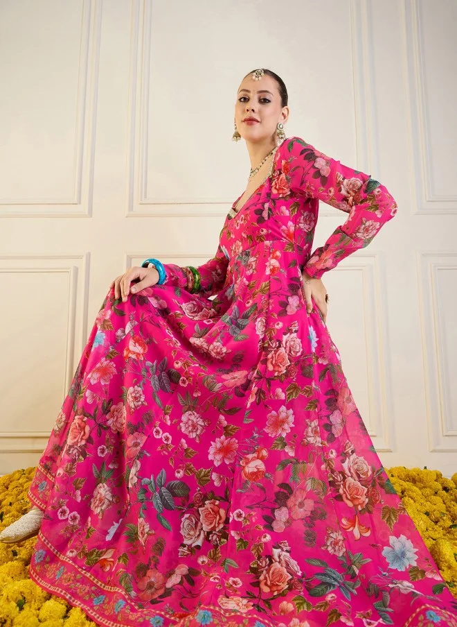 SASSAFRAS Floral Printed Sequinned Anarkali Kurta for Women