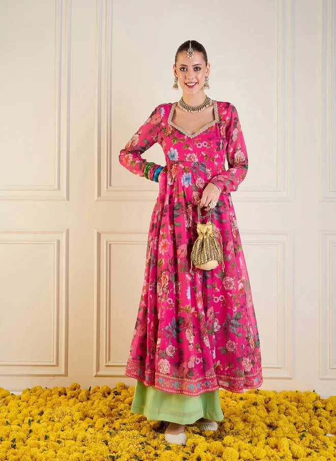 SASSAFRAS Floral Printed Sequinned Anarkali Kurta for Women
