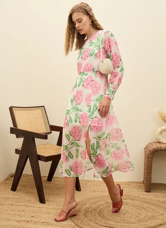 ساسافراس Floral Print Chiffon A-Line Midi Dress for Women