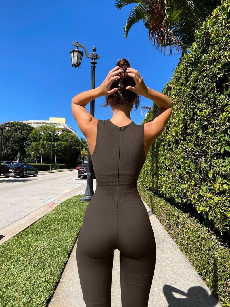 OQQ Women Yoga Jumpsuits Ribbed Crew Neck Sleeveless Bell Bottoms Flare Jumpsuits Darkbrown - Image 3