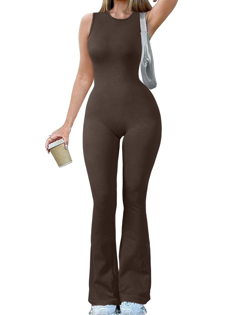 OQQ Women Yoga Jumpsuits Ribbed Crew Neck Sleeveless Bell Bottoms Flare Jumpsuits Darkbrown - Image 1