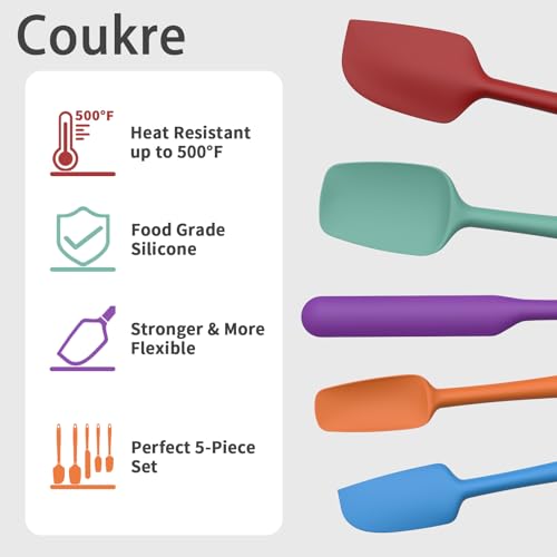 Coukre Silicone Spatula Set of 5,High Heat Resistant, Food Grade Silicone, Upgraded Extended Reinforced Handle,Dishwasher Safe, for Baking, Cooking (Pure Colorful B, Solid color) - Image 3