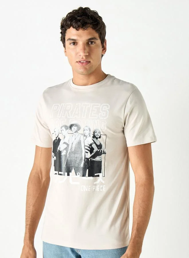 One Piece Print T-shirt with Crew Neck and Short Sleeves