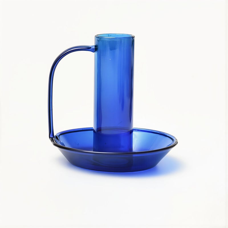 Blue Glass Taper Candle Holder 8.5cm Handheld Table Decor for Party Wedding - Image 1