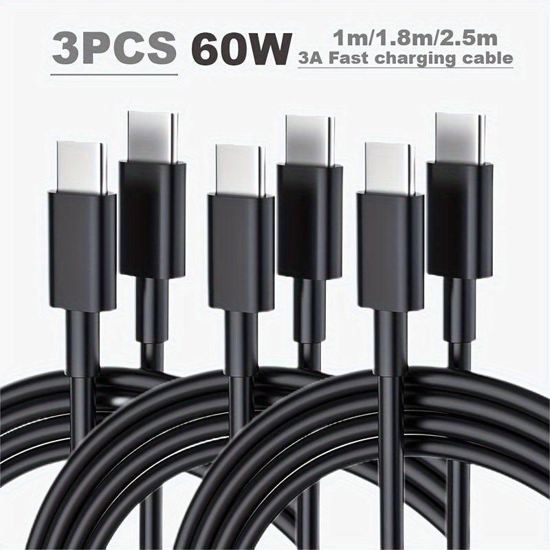 3 قطع كابل بيانات TPE 3A 60W من النوع C إلى C بطول 98.43 بوصة باللون الأسود - Image 1