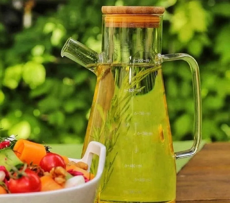 Safestore 900 ml Glass Oil Pot Vinegar Shaker Milk Storage Water Jug with Bamboo Lid