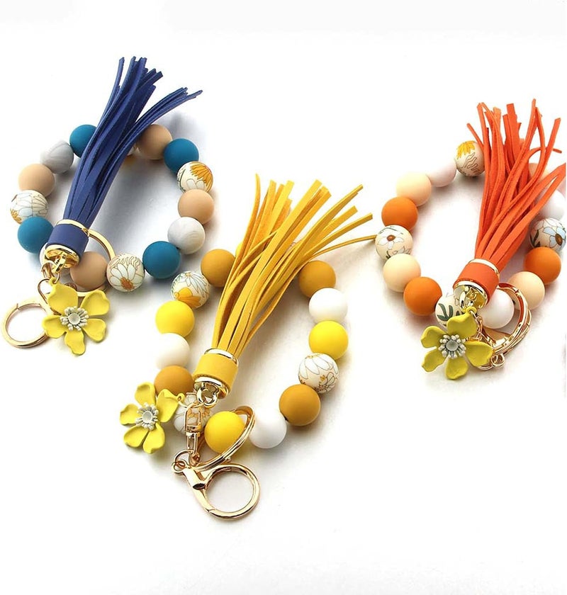 Boethesi Sunflower Silicone Beaded Keychain Wristlet Women,Wrists Bangel Key Chain Bracelet Leather Tassel,Beaded Wristlet - Image 5