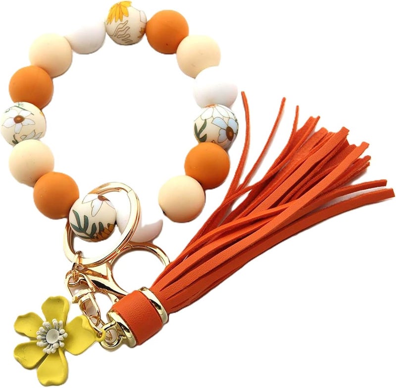Boethesi Sunflower Silicone Beaded Keychain Wristlet Women,Wrists Bangel Key Chain Bracelet Leather Tassel,Beaded Wristlet - Image 1