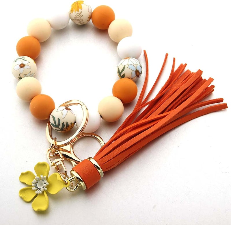 Boethesi Sunflower Silicone Beaded Keychain Wristlet Women,Wrists Bangel Key Chain Bracelet Leather Tassel,Beaded Wristlet - Image 2