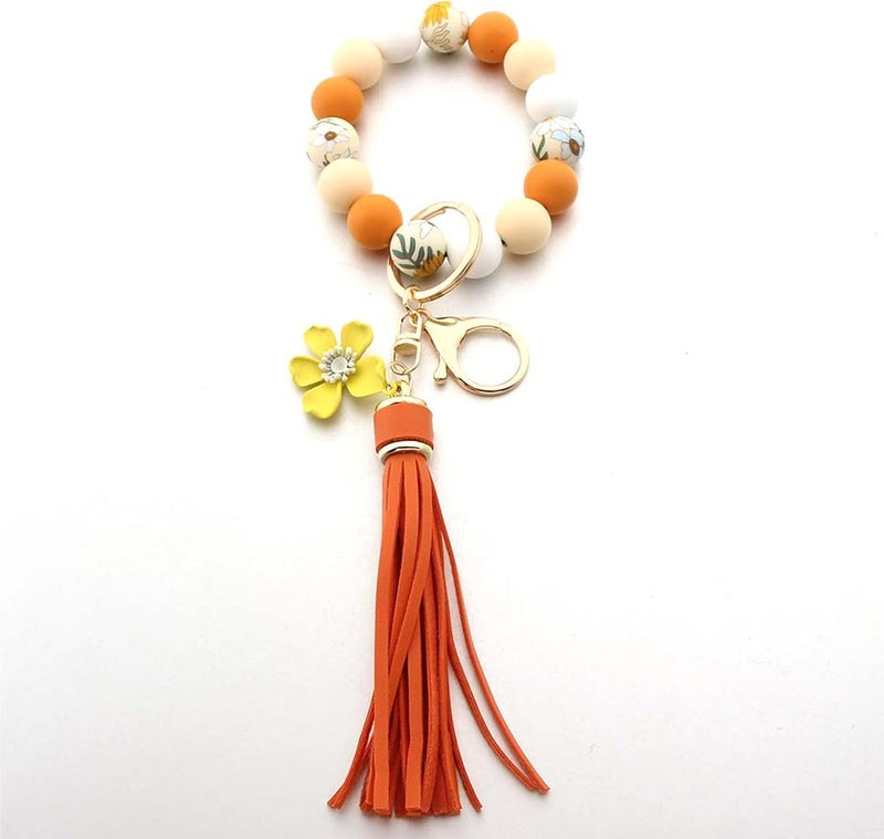 Boethesi Sunflower Silicone Beaded Keychain Wristlet Women,Wrists Bangel Key Chain Bracelet Leather Tassel,Beaded Wristlet - Image 3
