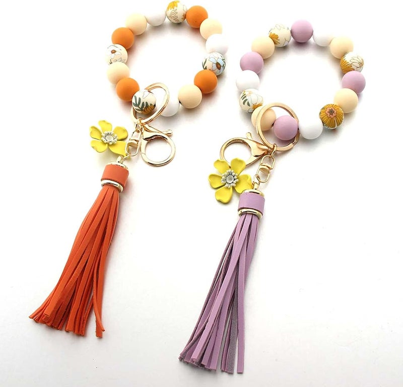 Boethesi Sunflower Silicone Beaded Keychain Wristlet Women,Wrists Bangel Key Chain Bracelet Leather Tassel,Beaded Wristlet - Image 4