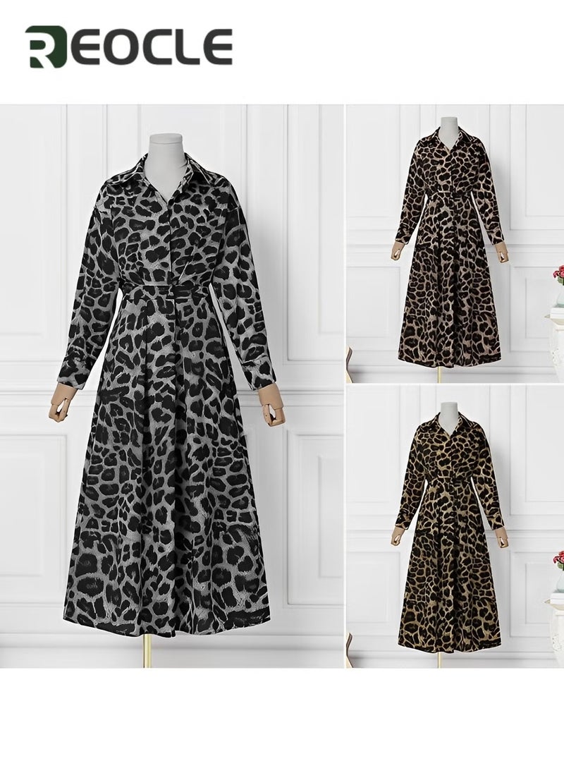 REOCLE Women Maxi Shirt Dress Long Sleeve Elegant Smocked Cinched Waist A-line Dress Swing Lapel Neck Dress with Pockets - Image 3