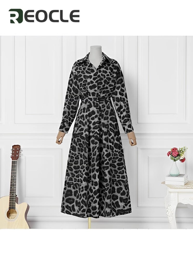 REOCLE Women Maxi Shirt Dress Long Sleeve Elegant Smocked Cinched Waist A-line Dress Swing Lapel Neck Dress with Pockets - Image 4