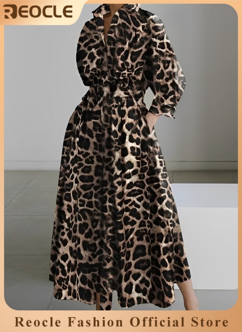 REOCLE Women Maxi Shirt Dress Long Sleeve Elegant Smocked Cinched Waist A-line Dress Swing Lapel Neck Dress with Pockets - Image 1