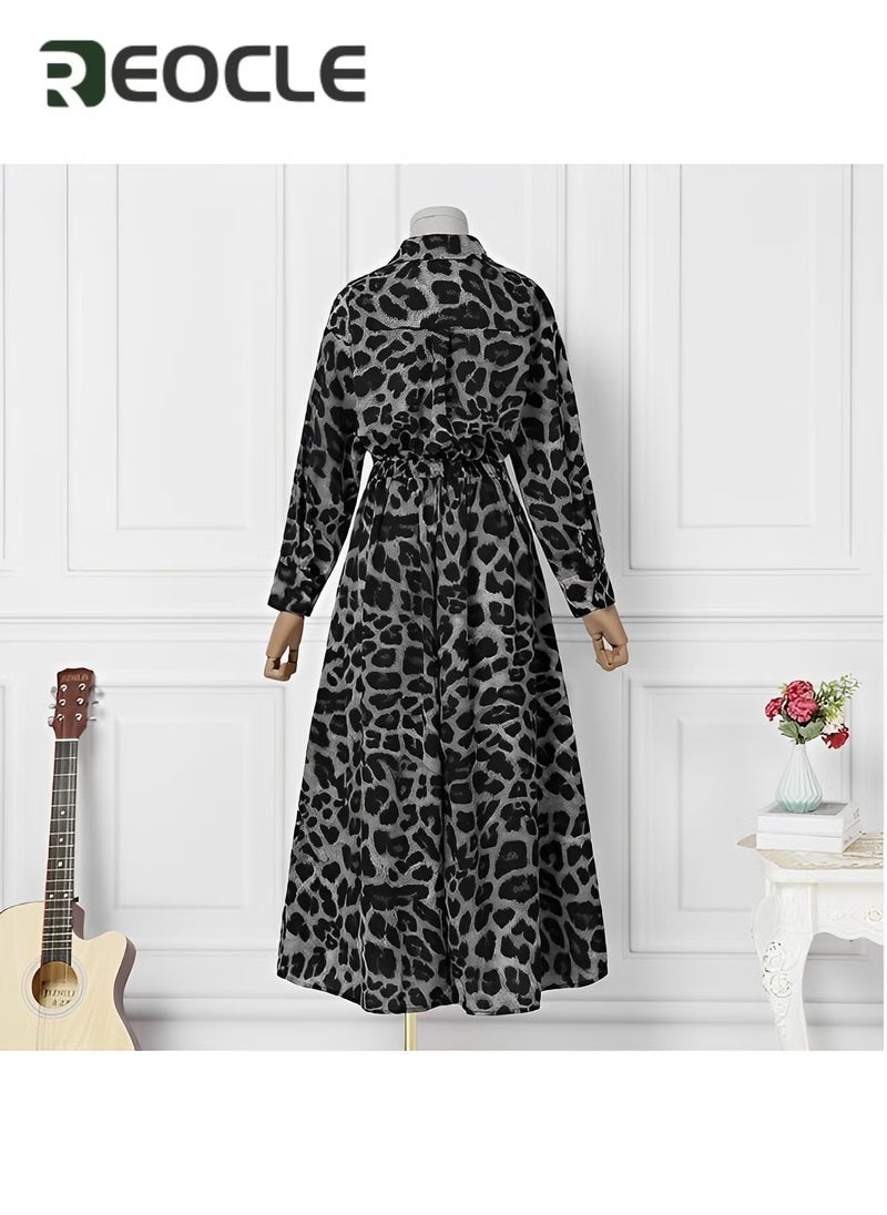 REOCLE Women Maxi Shirt Dress Long Sleeve Elegant Smocked Cinched Waist A-line Dress Swing Lapel Neck Dress with Pockets - Image 5