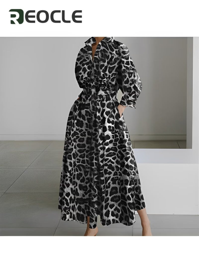 REOCLE Women Maxi Shirt Dress Long Sleeve Elegant Smocked Cinched Waist A-line Dress Swing Lapel Neck Dress with Pockets - Image 2