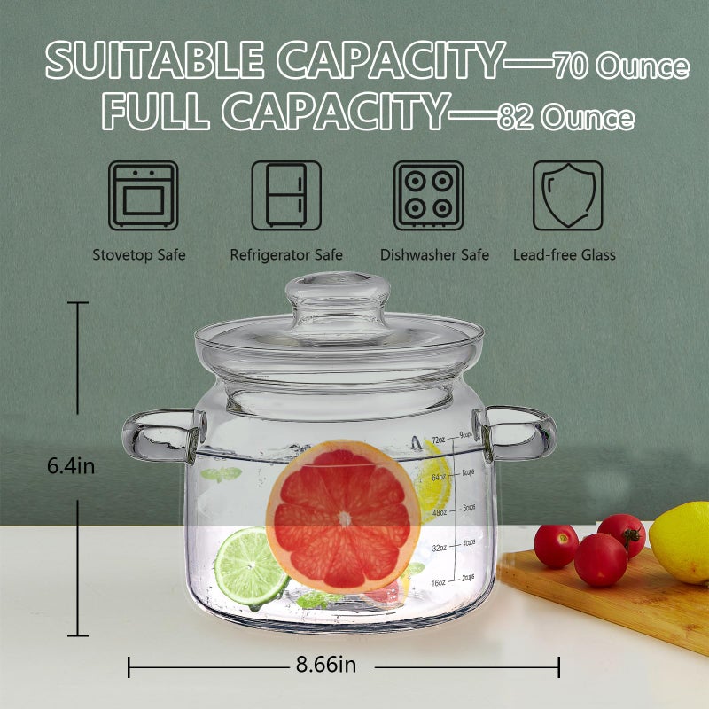 Jjojcll 2.3L(75oz) Glass Cooking Pot with Lidï¼ŒHandmade Borosilicate Glass Stockpot with Graduations - Glass Saucepan with Cover for Cooking and Serving - Image 2