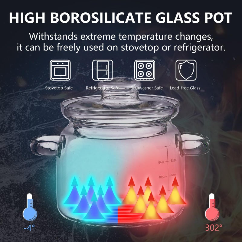 Jjojcll 2.3L(75oz) Glass Cooking Pot with Lidï¼ŒHandmade Borosilicate Glass Stockpot with Graduations - Glass Saucepan with Cover for Cooking and Serving - Image 3