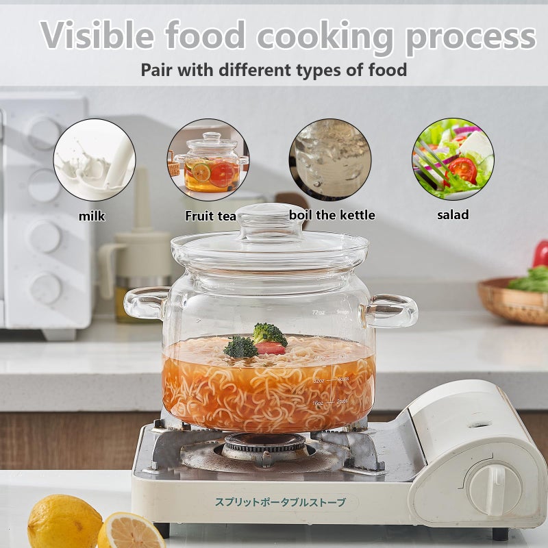 Jjojcll 2.3L(75oz) Glass Cooking Pot with Lidï¼ŒHandmade Borosilicate Glass Stockpot with Graduations - Glass Saucepan with Cover for Cooking and Serving - Image 5