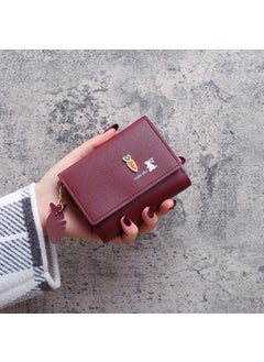 Fashionable Simple Cropped Womens Wallet Unique Color Three-fold Cute Fresh Style Compact Size Durable Leather Material Carrot Rabbit wine red