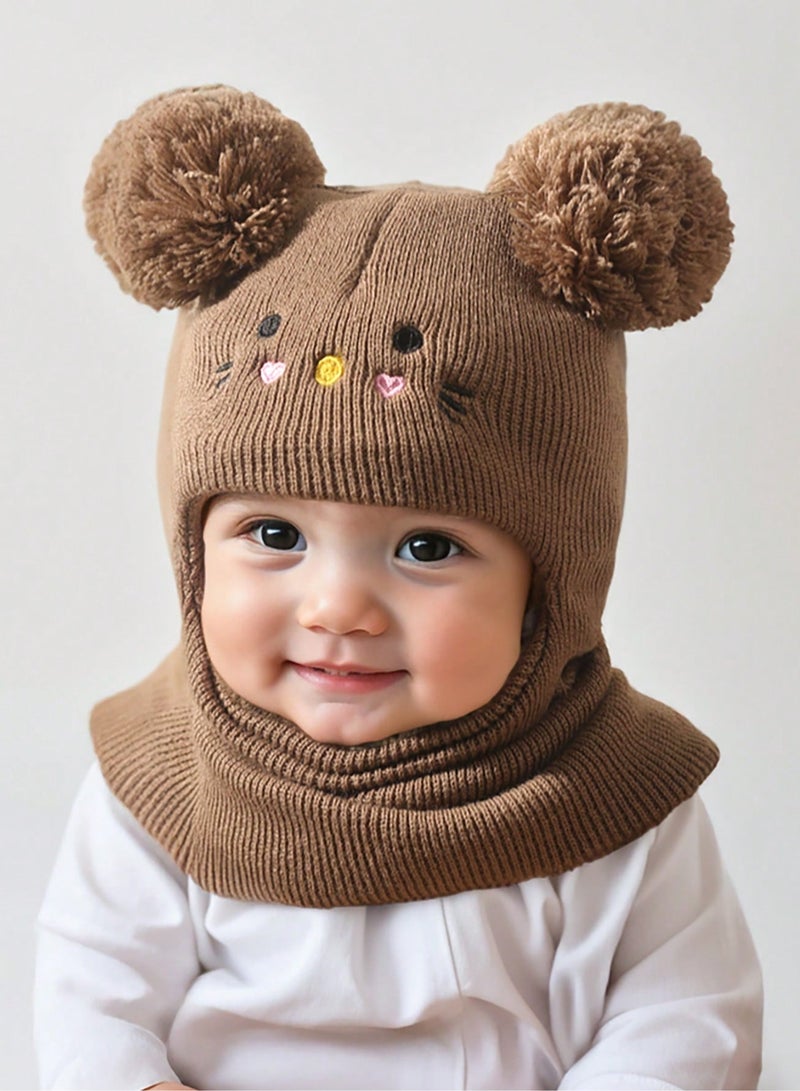 قبعه شتويه للاطفال باللون البني قبعه شتويه توفر دفئًا وتغطية كاملة للرأس والأذنين والرقبة لطفلك مصنوعه من قماش محبوك ناعم عالي الجودة مناسبة لبشرة الأطفال الحساسة مناسبه لعمر(1-3)سنوات